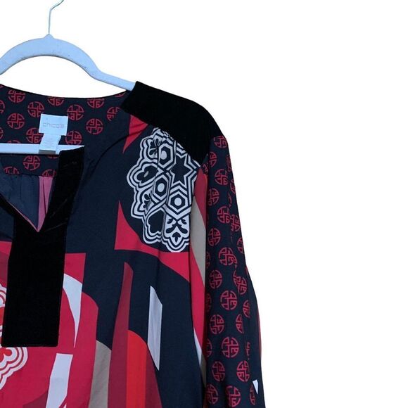Chico's Womens Size XL Multicolor Artsy Oriental Split Neck Blouse Top - Picture 3 of 8